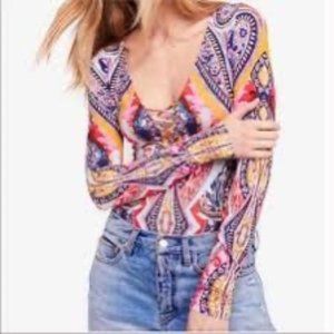 Free People Lace Up Bodysuit Long Sleeve Top